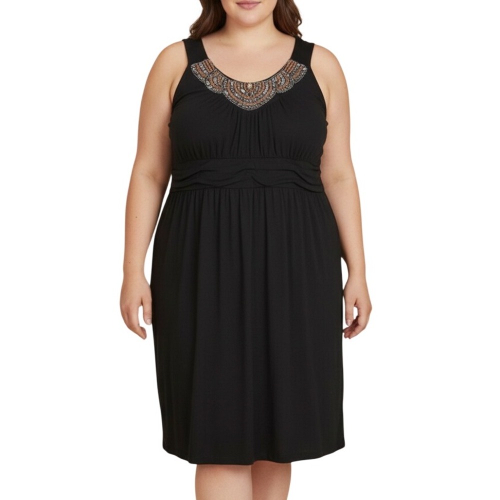 CATO Black POLY KNIT Sleeveless EMBELLISHED NECKLINE Empire Waist DRESS 18/20W